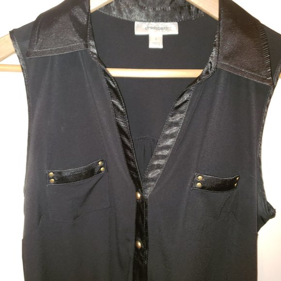 Dress barn black sleeveless top with silky trim, brass buttons - Picture 3 of 5